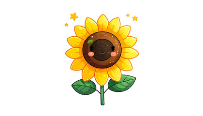 A cartoon sunflower with a smiling face, sparkling stars, and green leaves on a black background