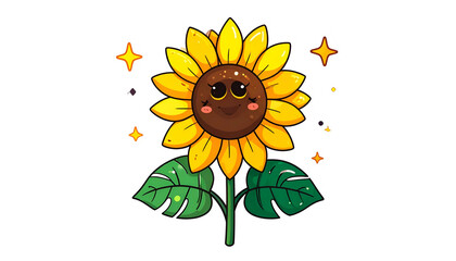 Cheerful cartoon sunflower with a smiling face, leaves, and sparkles