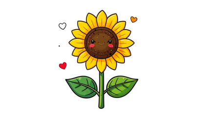 A cartoon sunflower with a smiling face, hearts, and green leaves on a black background