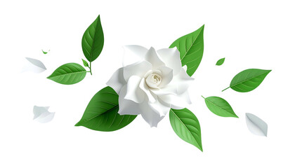 Pristine white flower, lush green leaves, scattered petals on black background