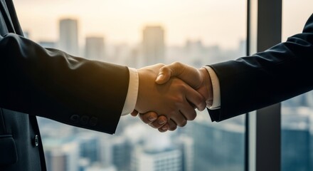 Two business professionals in formal dark suits performing firm handshake agreement in modern office with blurred city skyline background during golden hour lighting