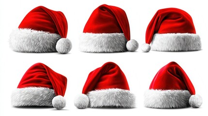 set of red santa hats. solid white background  