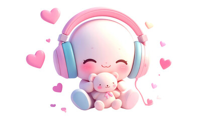 Adorable pink creature with headphones and a teddy bear, surrounded by hearts