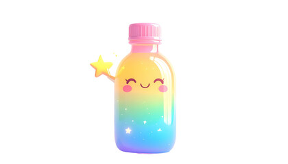 Adorable animated bottle with a rainbow gradient and a smiling face, holding a star
