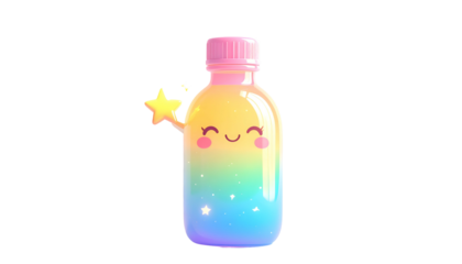Adorable animated bottle with a rainbow gradient and a smiling face, holding a star