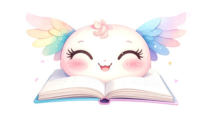 Adorable cartoon blob with wings, reading a book, smiles brightly, rainbow pastel colors