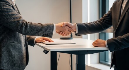 Two professional businessmen in formal suits shaking hands over white adjustable desk after successful contract negotiation meeting in modern office