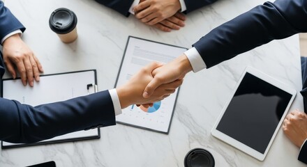 Two professional businesspeople in navy suits shaking hands across conference table with documents charts tablet and coffee cups during successful partnership meeting