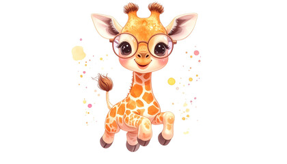Cute cartoon giraffe wearing glasses, surrounded by colorful sparkles on a black background