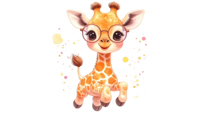 Cute cartoon giraffe wearing glasses, surrounded by colorful sparkles on a black background