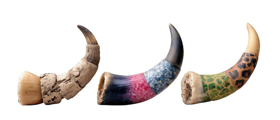 Three intricately designed animal tusks displayed against a white background, showcasing unique patterns