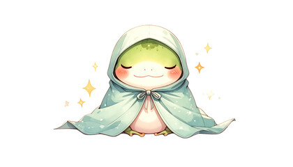 Cartoon frog character with closed eyes, wearing a light blue cloak, sparkling