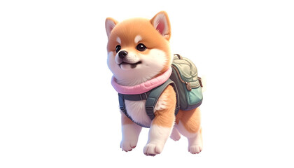 A fluffy puppy with a backpack stands smiling, isolated on black