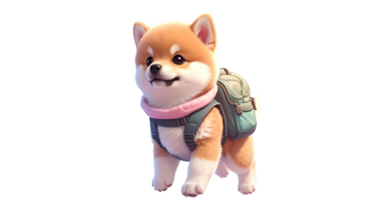 A fluffy puppy with a backpack stands smiling, isolated on black