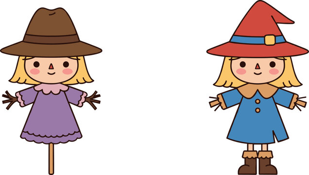 Vector illustration of cute scarecrow in dress and girl in red witch hat isolated on white background.