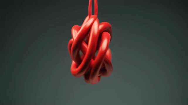 A complex red rope knot hangs suspended against a dark muted green gradient background