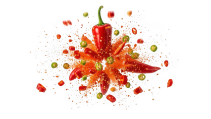 exploding red chili peppers and peas  flying spices