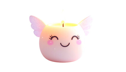 Adorable pink candle, unicorn-like with wings, glowing flame, smiling face, sparkly highlights