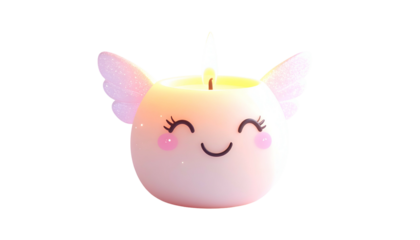 Adorable pink candle, unicorn-like with wings, glowing flame, smiling face, sparkly highlights