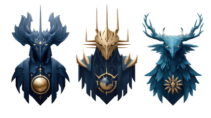 Three intricately designed animal-inspired emblems showcasing mythical creatures in a fantasy setting