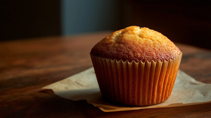重厚感のあるダークブラウンの木製テーブルに置かれた表面がカリッと焼き上がったプレーンマフィン