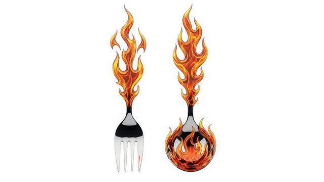 Fork and spoon with flames on fire burning utensils