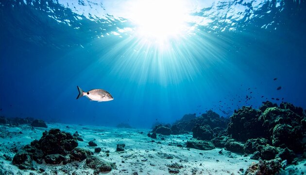 open ocean underwater with visible light beams, rare deep-sea fish near surface