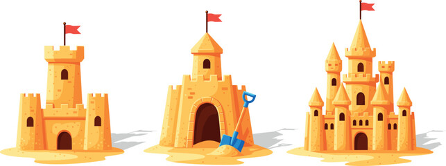 Vector illustration of detailed sandcastles and beach shovel isolated on white for summer travel and childhood play themes. © PUTUL