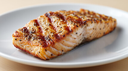 斜めに走るこんがりとした焼き目が美しいハーブと黒胡椒で味付けされた厚切りサーモンのグリル