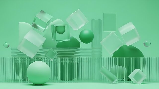 Main Subject: A collection of floating 3D geometric primitives, including cubes, spheres, and a pentagonal prism.