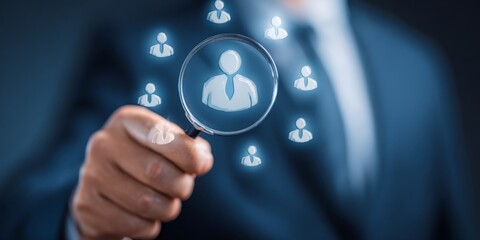 Business professional holding magnifying glass over digital representation of people icons, symbolizing recruitment, team building, and leadership analysis.