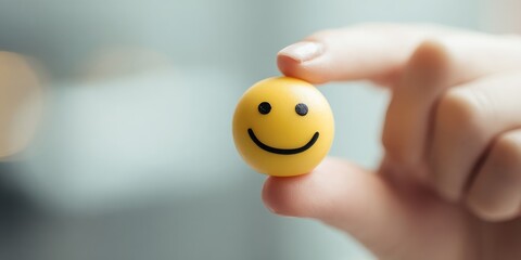 Hand Holding a Smiling Emoji Symbol on a Soft Background Representing Happiness, Joy, Positivity, and Optimism in a Minimalist Style