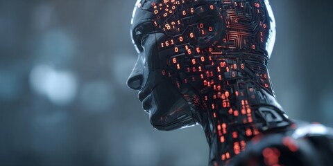 Futuristic android with sleek design showcasing glowing binary code and intricate circuitry against a blurred backdrop emphasizing technology and innovation