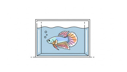 Vibrant multicolored betta fish swimming in a clear glass aquarium tank with wavy water surface and bubbles rising to the top with colorful with animal