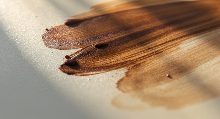 Close-up of brown paint strokes on a textured, cream-colored surface with sunlight and shadows