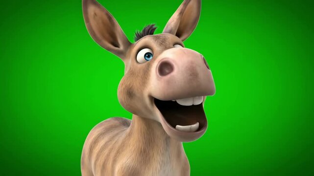 A funny, expressive 3d animated donkey character is laughing heartily in a vibrant green screen close-up shot.