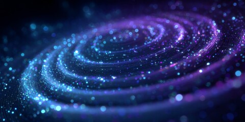 Vibrant purple and blue cosmic spiral with glowing stars and particles in a mesmerizing swirling pattern evoking a sense of wonder and mystery in space