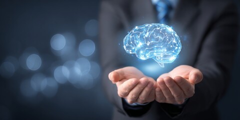 Concept of Artificial Intelligence with Human Hands Holding a Glowing Brain Representation Against a Blurred Background for Creative Ideas and Innovation