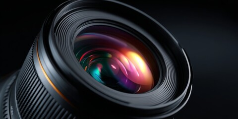 Close-Up of Professional Camera Lens with Vibrant Colors and Reflections Capturing the Essence of Photography Equipment and Modern Technology