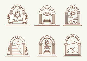 Naklejka premium Mystic Boho arches with magic Bohemian doorway and esoteric ornaments, vector symbols. Boho arches or Medieval door arc with celestial stars and sun, mason eye and moon, flowers vase of Bohemian magic