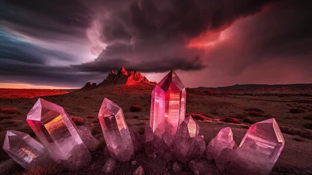 view of crystal rocks during a red storm footage