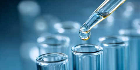 Close-Up of a Pipette Dropping Liquid into Transparent Test Tubes in a Laboratory Environment for Scientific Research and Experimentation