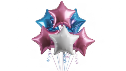 Bunch of star shaped balloons in pink, blue, and white isolated on a transparent background