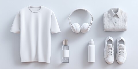 Minimalistic White Apparel and Accessories Arrangement on Soft Surface with Headphones, Bottles, and Footwear for Fashion and Lifestyle Themes