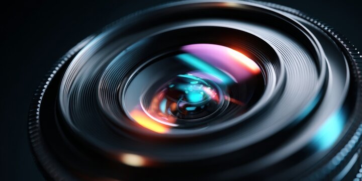 Close-Up View of Camera Lens with Reflections and Colorful Lights, Highlighting Precision Engineering and Optical Mechanics in Photography Technology
