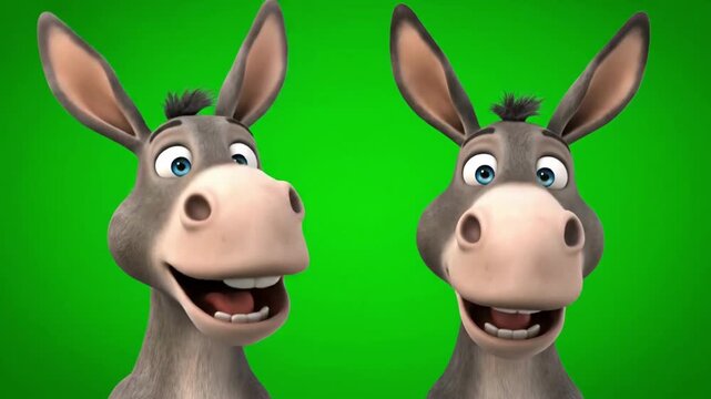 Close-up of two joyful 3d cartoon donkeys laughing hysterically against a bright green chroma key background.