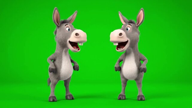 A funny, 3d rendered cartoon animation of two cheerful donkeys laughing heartily, isolated against a vibrant green screen background.