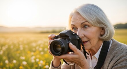 Senior european woman with silver bob haircut taking photographs with black DSLR camera in golden sunset meadow field with wildflowers