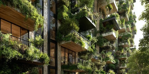 Modern residential building design featuring vertical gardens and lush greenery on balconies, emphasizing eco-friendly architecture and urban living