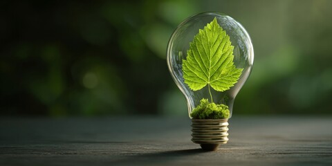 Eco-friendly light bulb with green leaf and moss representing nature conservation and sustainable energy concept in serene environment